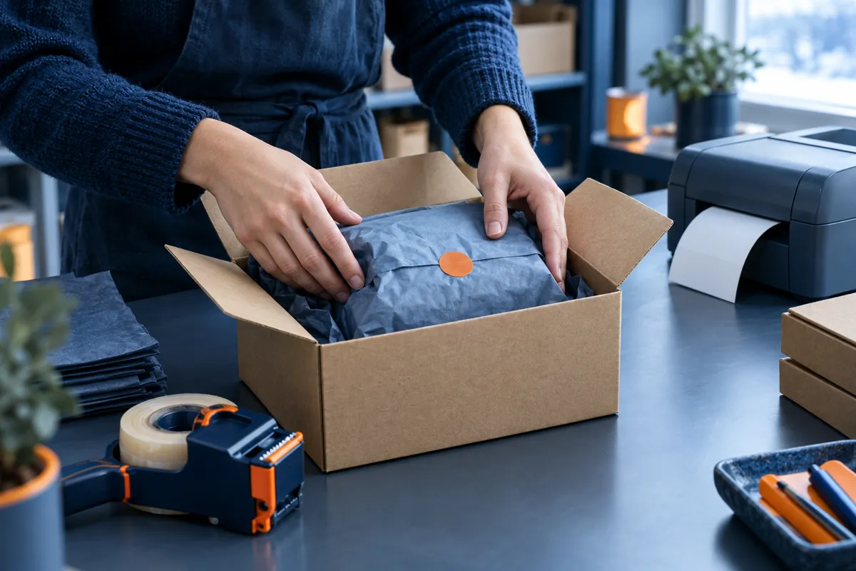 Online order being packed into a cardboard box